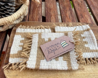 Handwoven Neutral Coaster Set - Four Matching Mug Rugs - Gifts That Give Back - Boho Tray Accessory - Coffee Decor