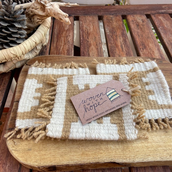 Handwoven Neutral Coaster Set - Four Matching Mug Rugs - Gifts That Give Back - Boho Tray Accessory - Coffee Decor