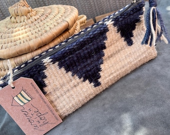 Handwoven Wool Clutch: Blue Beige Kilim Bag, Ethical Accessory