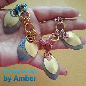 Rainbow Angel Wings, Charm Chain Bracelet, Anodized Rainbow Ombre Aluminum With Feathered Laser Etching, Layered With Brushed Gold Aluminum