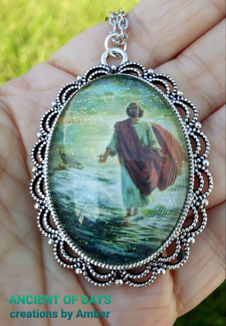 Cameo Glass Pendant Jesus Walking On Water Fishers of Men Charm Necklace