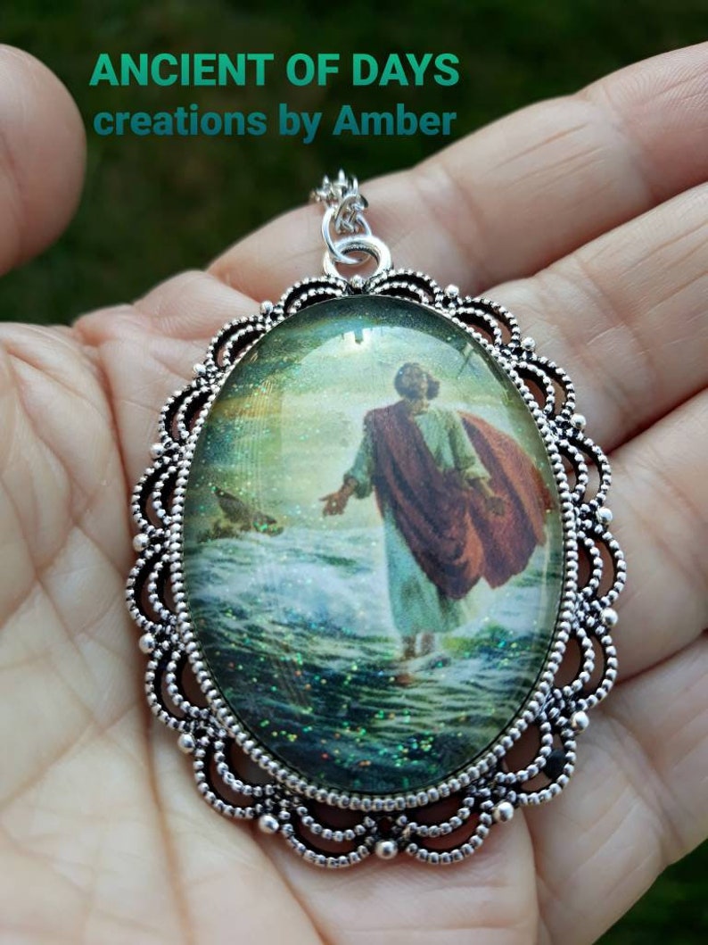 Cameo Glass Pendant Jesus Walking On Water Fishers of Men Charm Necklace