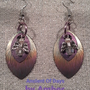 Heavenly Angel Charm  Earrings, With Faceted Glass Beads, Layered With Laser Etched Wing Feathering On Rainbow Ombre Aluminum