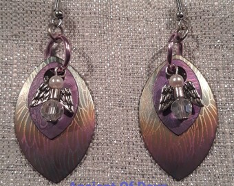 Heavenly Angel Charm  Earrings, With Faceted Glass Beads, Layered With Laser Etched Wing Feathering On Rainbow Ombre Aluminum
