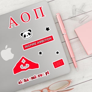 Pacchetto adesivi ALPHA OMICRON PI Bid Day rosso, merchandising Sorority Rush 2025, piccolo grande regalo, decorazioni per laptop, lettere della confraternita