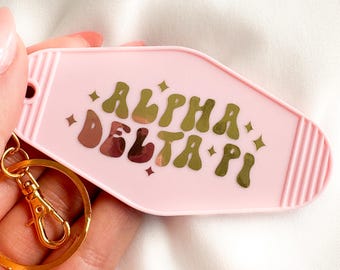 ALPHA DELTA PI Retro Motel Keychain with Gold Vinyl Foil | Bid Day, Big Little Basket Gift, Rush Gift, Adpi Merch