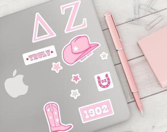 DELTA ZETA Sorority Sticker Pack Pink Cowboy for Laptops, Bid Day 2025, Big Little Gift, Rush Merch, Stationery
