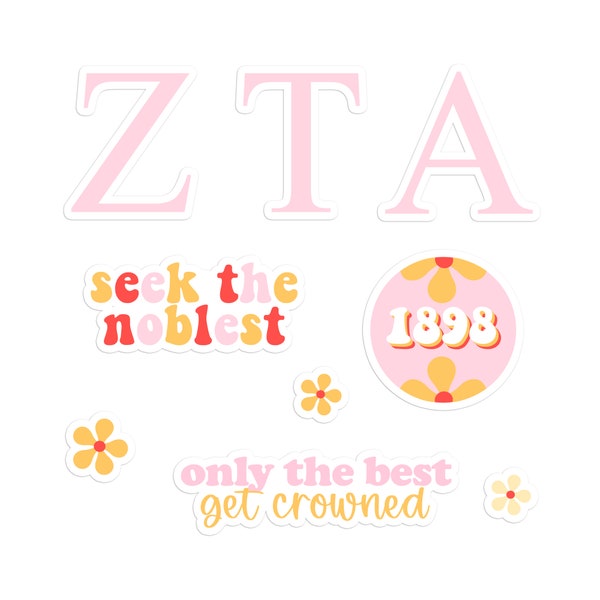 ZETA TAU ALPHA Sorority Sticker Pack Pink Retro for Laptops, Bid Day 2024, Big Little Gift, Rush Merch