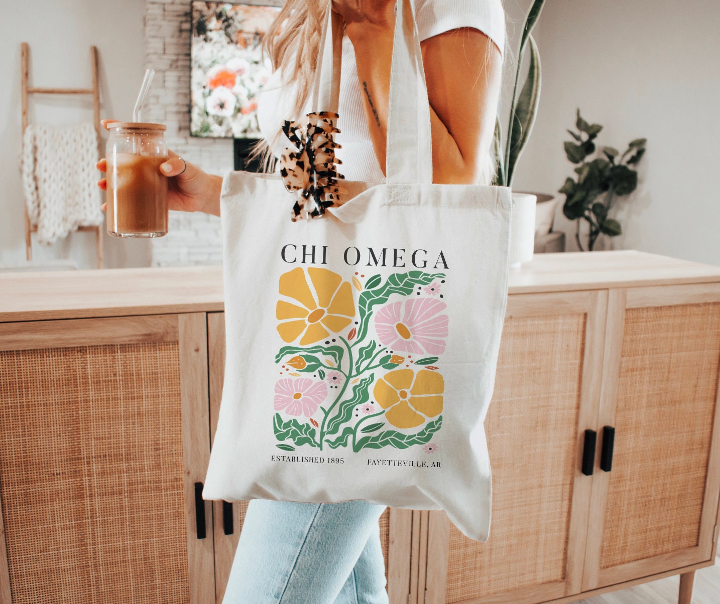 CHI OMEGA Tote Bag With Boho Floral Pattern | Chi O Tote, Sorority ...