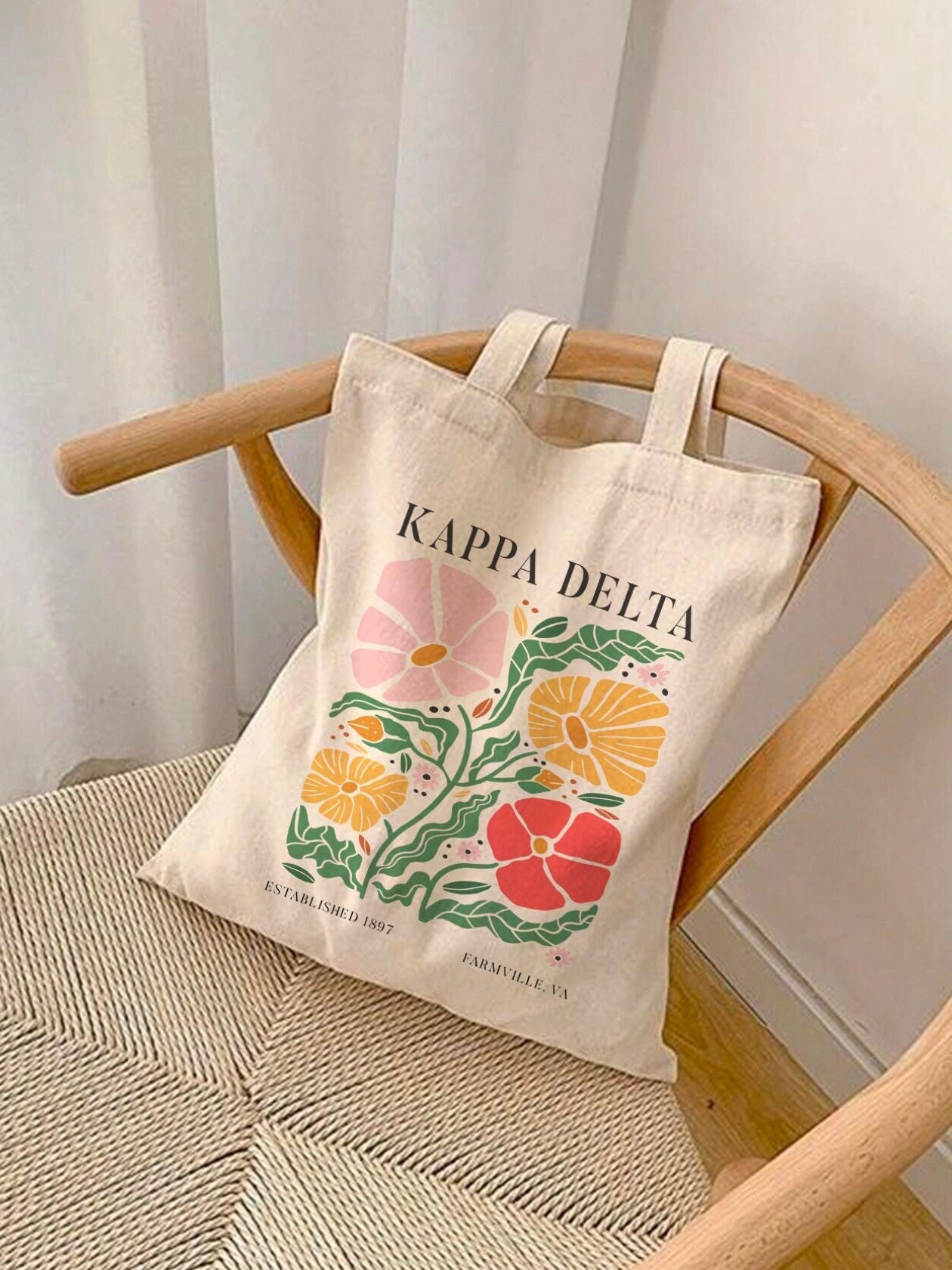 Kappa Delta Sorority Retro Pom Pom Tote Bag - 15" Vintage Style Greek Organization Bag