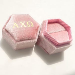 Op de afbeelding: Twee roze fluwelen zeshoekige ringdozen. E&eacute;n doos is open en onthult een ringhouder. De gesloten doos heeft gouden letters met de tekst "AX&Omega;". De dozen staan op een wit oppervlak.