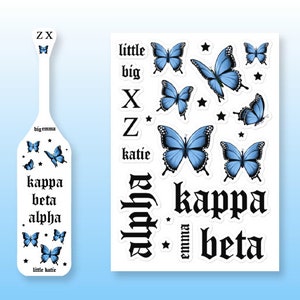 Paddle sticker mockups with the decorated paddle on the left, and full sticker sheet on the right. Stickers contain greek letters, blue butterfly stickers and big little names.