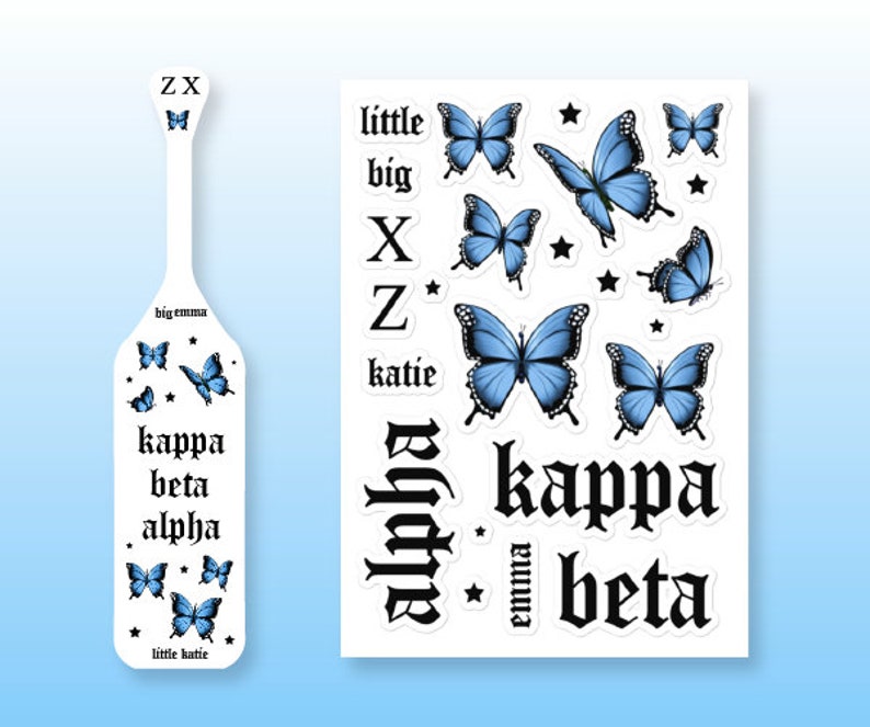 Paddle sticker mockups with the decorated paddle on the left, and full sticker sheet on the right. Stickers contain greek letters, blue butterfly stickers and big little names.