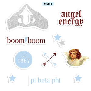May include: A set of stickers featuring a silver glitter hand gesture, a red and white text sticker that says "boom/boom", a blue circle sticker with the text "est. 1867", a red and white arrow sticker, a blue star sticker, a silver glitter star sticker, a sticker with a cherub, and a blue sticker with the text "pi beta phi".