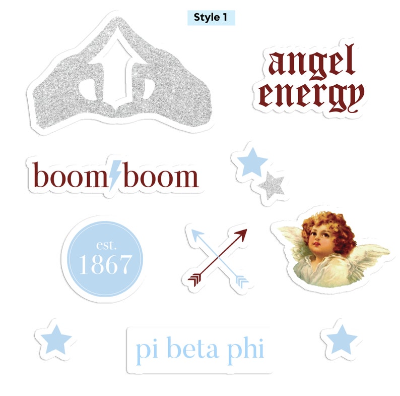 May include: A set of stickers featuring a silver glitter hand gesture, a red and white text sticker that says "boom/boom", a blue circle sticker with the text "est. 1867", a red and white arrow sticker, a blue star sticker, a silver glitter star sticker, a sticker with a cherub, and a blue sticker with the text "pi beta phi".