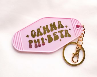 Gamma Phi Beta Retro Motel Keychain with Gold Vinyl Foil | Bid Day, Big Little Basket Gift, Rush Gift, Gphi Merch