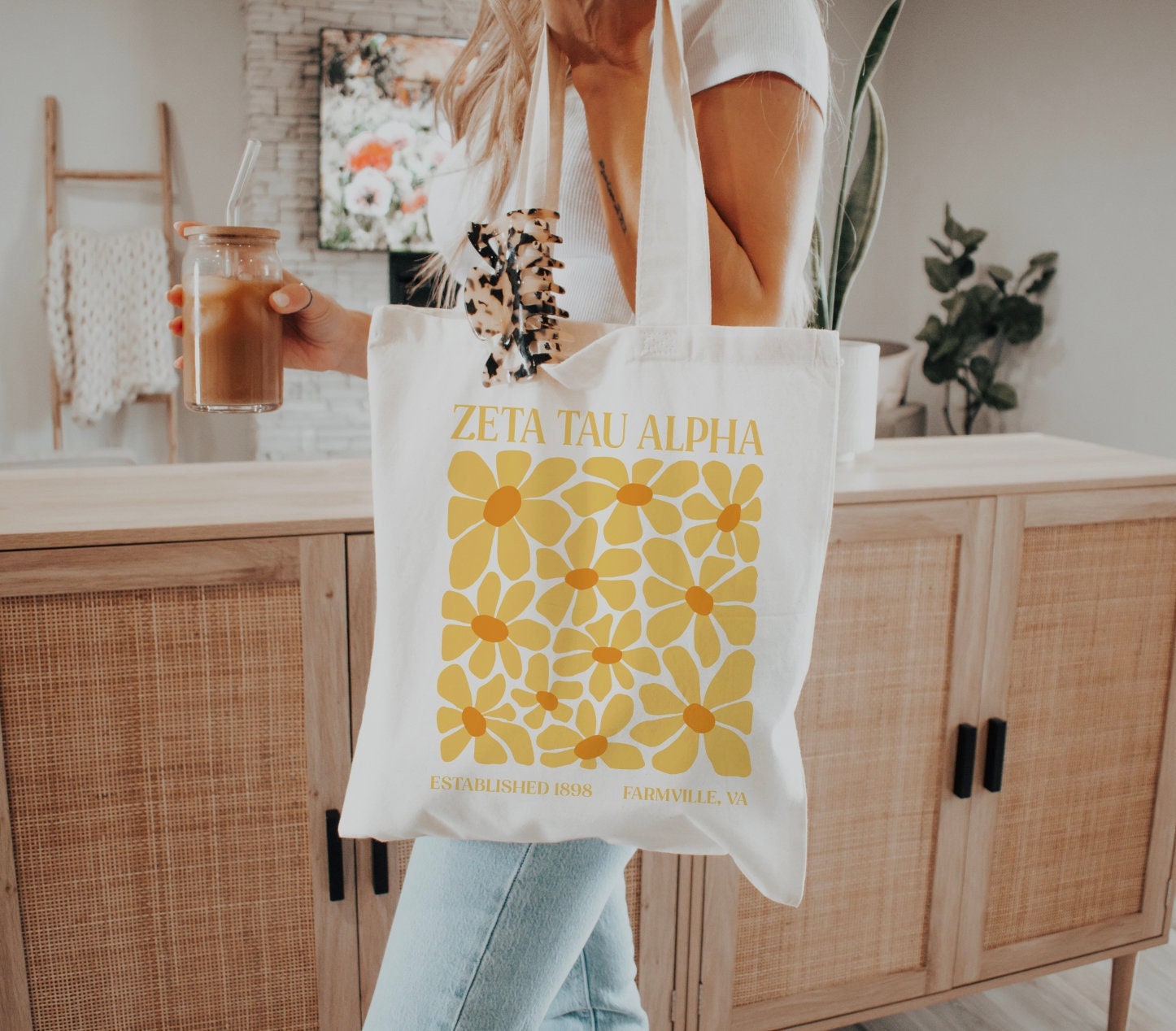 ZETA TAU ALPHA Tote Bag With Yellow Floral Pattern | Zta Tote