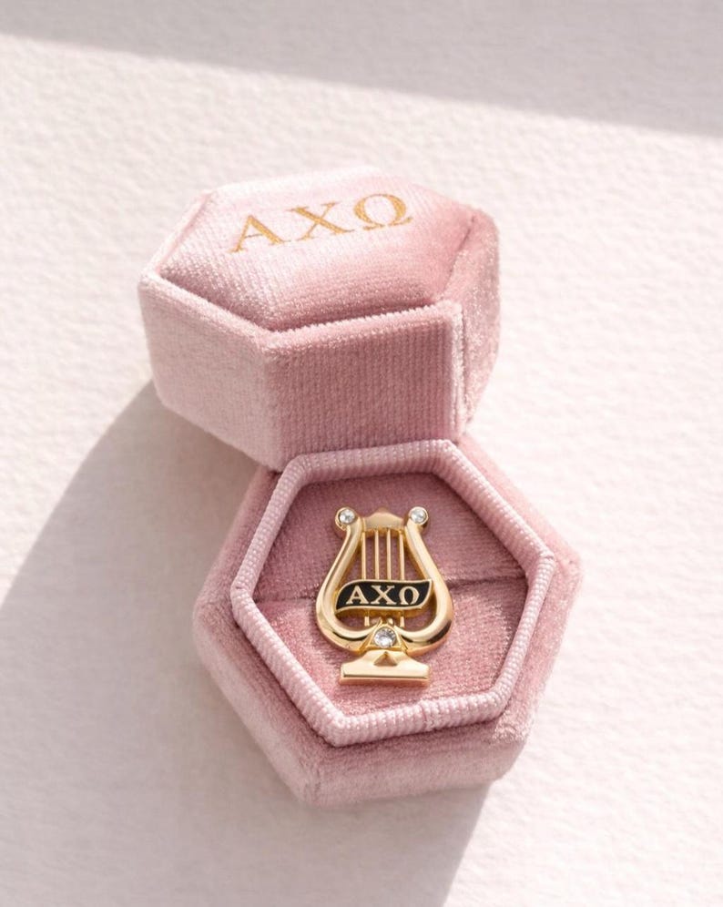 Op de afbeelding: Een goudkleurige speld in de vorm van een lier, met de letters AXO in zwart, gepresenteerd in een open roze fluwelen sieradendoosje. Op het deksel van het doosje staan ook de letters AXO in goud. De speld heeft kleine diamanten.
