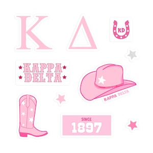 May include: A set of pink and white stickers featuring a cowboy hat, a boot, a horseshoe, a star, a triangle, a letter K, and a text box that says "Kappa Delta" with stars on either side. The text box also says "Since 1897".