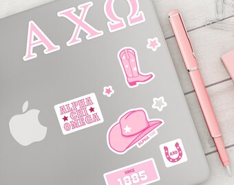 ALPHA CHI OMEGA Cowgirl-stickerpakket in roze | Bid Day 2025, Sorority Rush-merchandise, groot cadeau, laptops, briefpapier