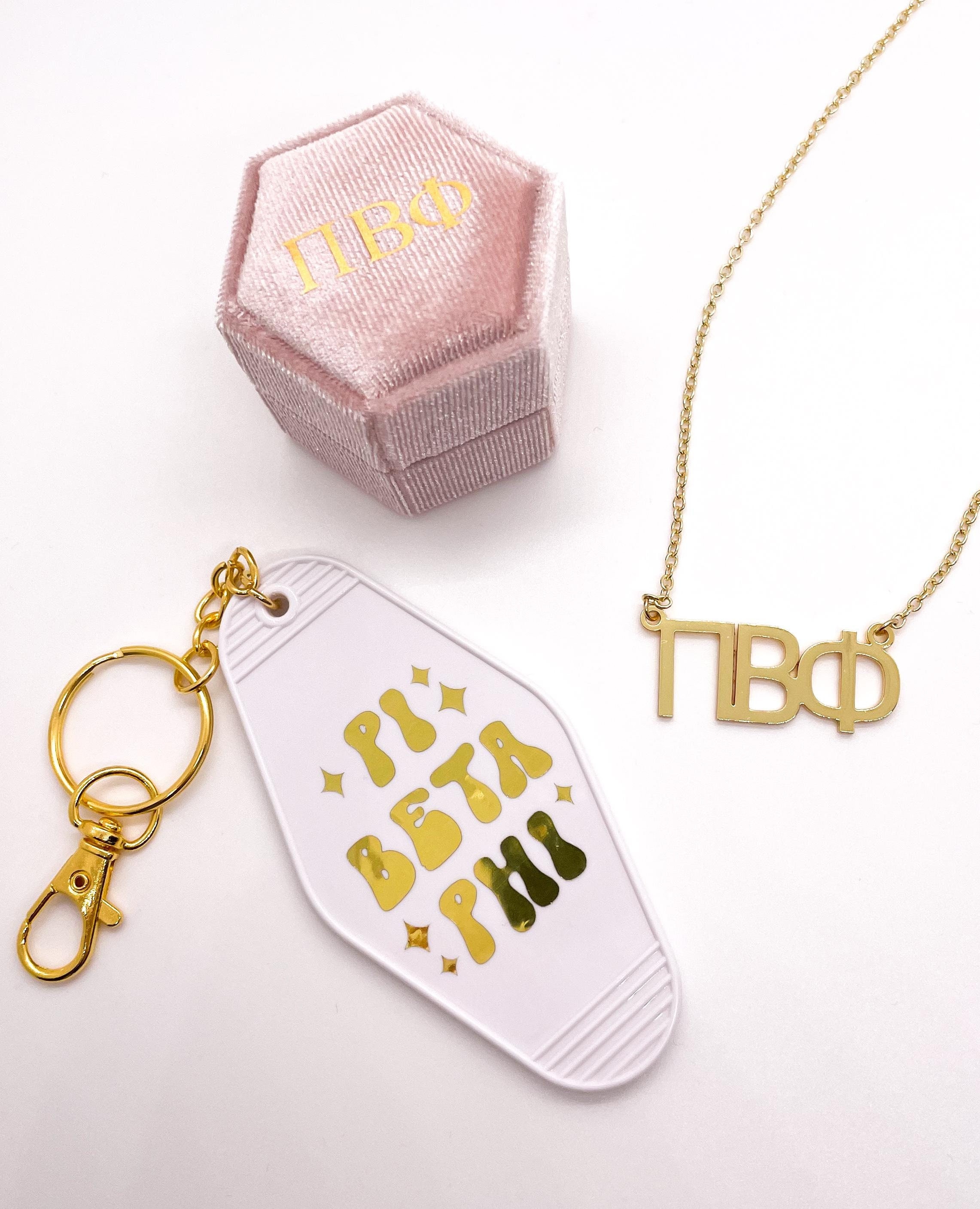 Gift Bundle for PI BETA PHI Sorority - Greek Letters Necklace, Velvet Badge Box & Retro Keychain