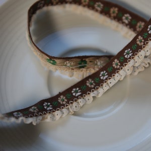 Guarnição de renda bordada em tecido vintage, marrom, cru, floral, verde, acabamento exclusivo, década de 1960, 3/4", enfeite, material de costura, para roupas/decoração