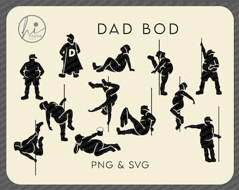 May include: A black and white illustration of a dad bod in various poses, including holding a beer, doing a pole dance, and climbing a pole. The text "DAD BOD" is at the top of the image, and the text "PNG & SVG" is at the bottom of the image.