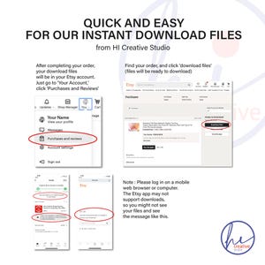 Guide for downloading instant digital files on Etsy. Explains how to access purchases, download files to computer or mobile, and resolve issues if needed. Customers receive files quickly and can begin crafting, printing, or creating DIY projects right away without delays.