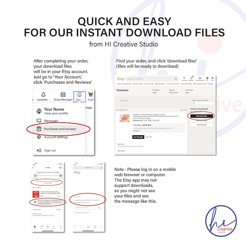 Guide for downloading instant digital files on Etsy. Explains how to access purchases, download files to computer or mobile, and resolve issues if needed. Customers receive files quickly and can begin crafting, printing, or creating DIY projects right away without delays.