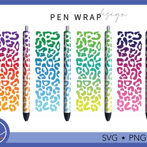May include: Set of six colorful pen wraps with a leopard print design. The wraps are in shades of red, orange, yellow, green, blue, and purple.