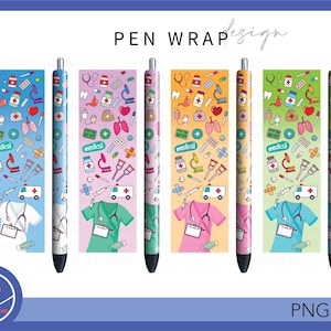 Nurse Doctor Scrub Pen Wraps, Medical Equipment Pattern Full Wrap Decal Ink Joy Epoxy Glitter Pen, Printable & Waterslide Digital file PNG