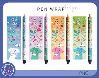May include: Six colorful pen wraps with a medical theme. The wraps feature a variety of medical symbols, including a stethoscope, a syringe, a bandage, and a heart. The wraps are designed to be used on pens, pencils, or other writing instruments.