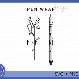 Könnte beinhalten: Schwarzweißes Line-Art-Design eines Arztmantels mit Stethoskop und Taschen. Das Design ist für eine Stifthülle und enthält den Text "PEN WRAP design".