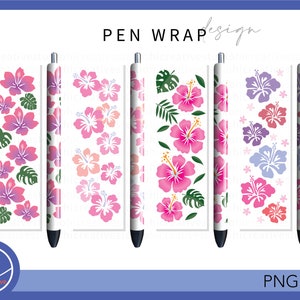 Roze Hibiscus Pen Wraps, prachtige tropische bloem blad sticker inkt vreugde Epoxy glitter pen afdrukbare & waterglijbaan digitaal downloadbestand PNG