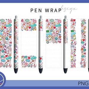 Nurse Doctor Pen Wrap, Hospital Medical Equipment Pattern Full Wrap Decal Ink Joy Epoxy Glitter Pen, Printable & Waterslide Digital file PNG