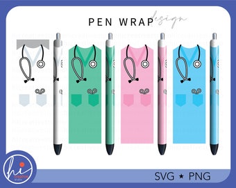 May include: Five different pen wraps featuring a doctor's scrubs design. The wraps are white, green, pink, blue, and light blue. Each wrap has a stethoscope and two pockets.