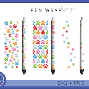 Dog Paw Print Pen Wraps, Colorful Dog Cat Pattern Decal for Ink Joy Epoxy Glitter Pen, Printable & Waterslide Digital Download file PNG SVG