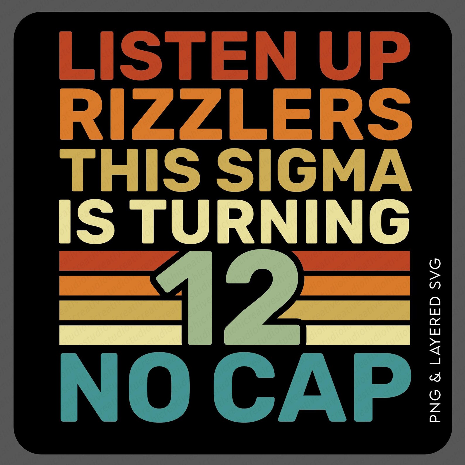 Funny Sigma 12th Birthday SVG PNG: Distressed Rizzler No Cap Party ...