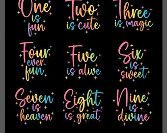 One to Nine Birthday SVG PNG: Bundle Colorful 1-9 Positive Quotes Design (Digital Download)