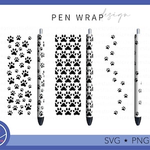 May include: Four pen wrap designs featuring black paw prints on a white background. The designs include a full paw print pattern, a partial paw print pattern, and two single paw prints. The text "PEN WRAP design" is at the top of the image.