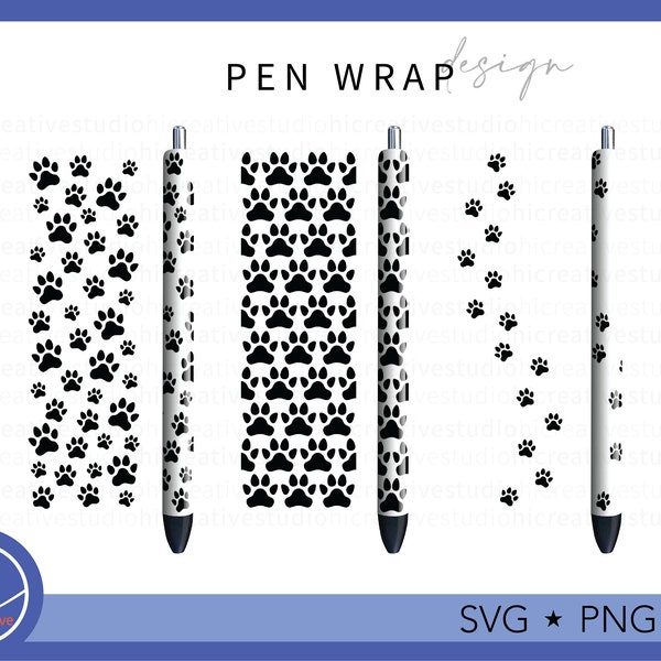 Black Dog Paw Print Pen Wraps, Dog Cat Pattern Decal for Ink Joy Epoxy Glitter Pen, Printable & Waterslide Digital Download file PNG SVG