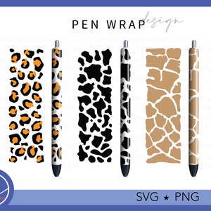 Könnte beinhalten: Vier Stifthüllen-Designs mit verschiedenen Tiermuster-Designs: Leopard, Dalmatiner, Giraffe und Zebra. Die Designs sind in Schwarz, Weiß, Braun und Orange.