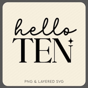 Hola diez svg png, décimo cumpleaños svg, 10 años de edad svg, idea de regalo de fiesta de cumpleaños 10, descarga digital sublimación PNG & SVG Cricut