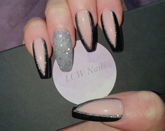 French tip Nails * Silver Glitter French Tip * Hologrpahic Glitter Nails * Press on Nails