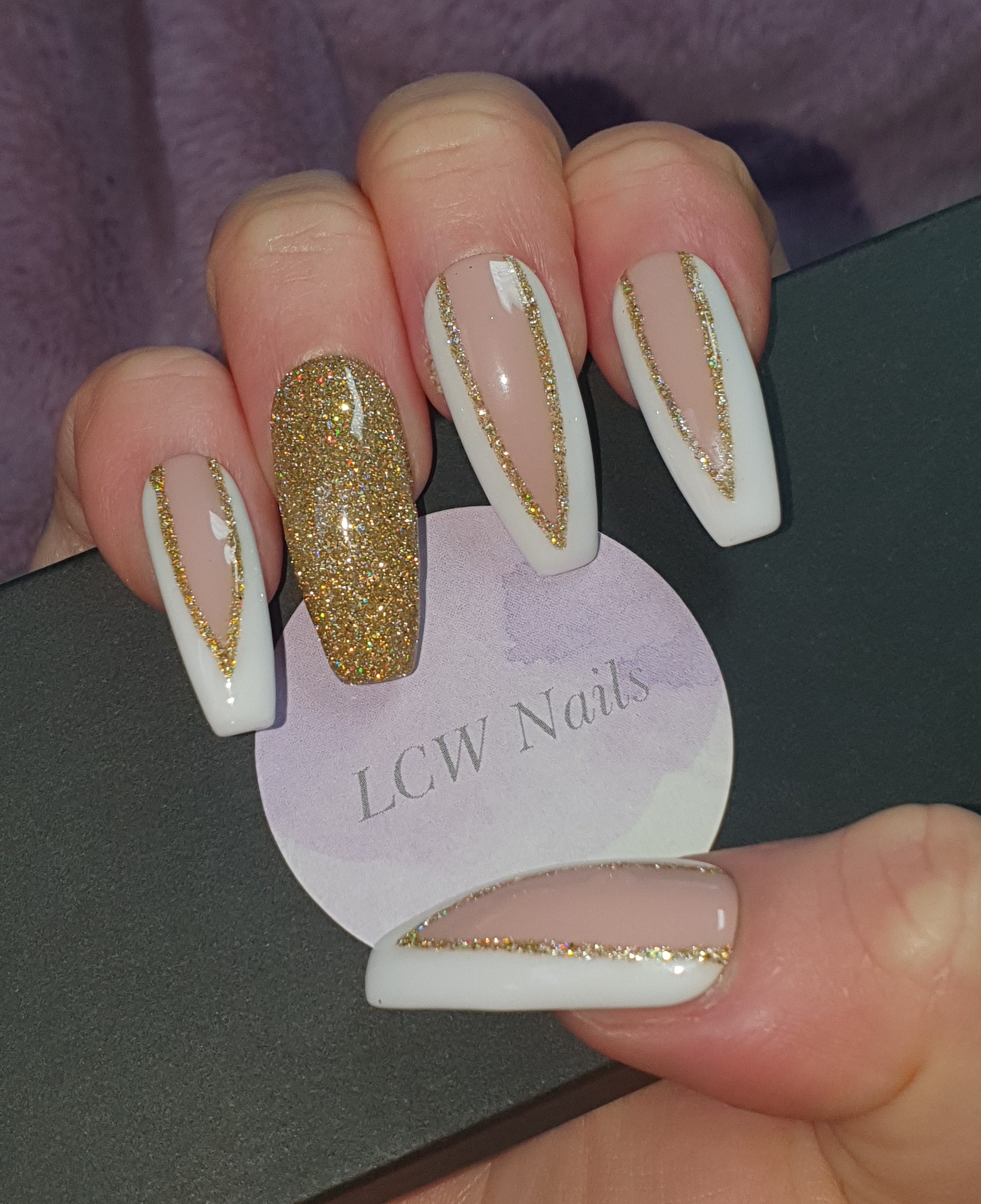 French Tip Nails * Gold Glitter French Tip * Holographic glitter Nails * Press on Nails