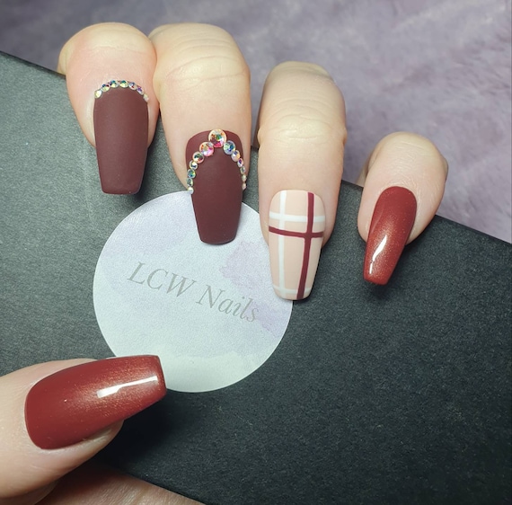 Amazon.com: EDA LUXURY BEAUTY Dark Red Burgundy Matte 3D Luxe Crystal  Design Press On Nails Full Cover Acrylic Nail Kit Glue On False Nails Extra  Long Round Almond Stiletto Nail Art Tips