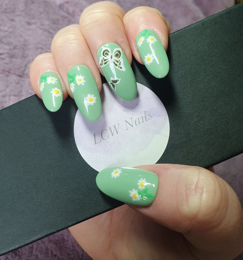 Daisy Nails Green Butterfly Nails Spring Nails Press on Nails image 1