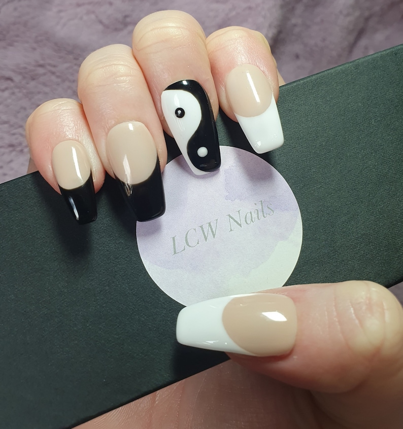 Yin Yang Nails Black and White Nails Press on Nails French Tip Nails Etsy