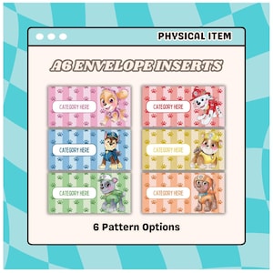 May include: A6 envelope inserts with six different Paw Patrol character designs. Each insert features a colorful background with paw prints and the text "CATEGORY HERE". The phrase "PHYSICAL ITEM" is at the top, and "6 Pattern Options" is at the bottom.