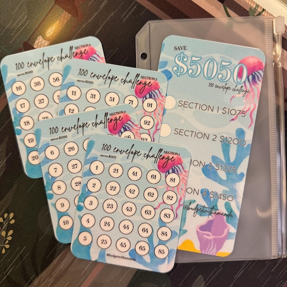 100 Envelope Savings Challenge | Save 5050 | 4 Section Challenge Trackers with Optional Zipper Envelope, & Checklist | Sea Ocean Themed